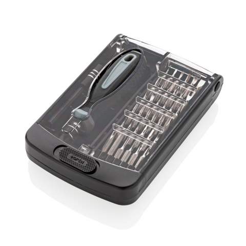 38 pcs tool set with PP bits holder. Bits made from carbon steel. ABS case with transparent top.