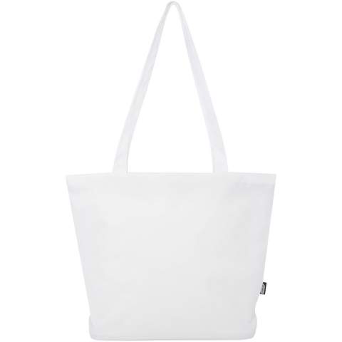 Made from water-repellent 600D RPET, the Panama GRS recycled zippered tote bag is a perfect multi-purpose bag for going to an event, to the beach, or to use for grocery shopping. It features a zippered main compartment, and a zipper pocket inside big enough to hold your phone as well as other valuable belongings. The handles are 34 cm long and therefore the tote bag is easy to carry over the shoulder. Resistance up to 10 kg weight. PVC free.
