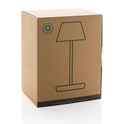 Luxury table lamp made with RCS certified recycled ABS plastic, recycled aluminum and FSC certified 100% bamboo . Total recycled content: 40% based on total item weight. RCS certification ensures a completely certified supply chain of the recycled materials. The table lamp will operate up 18 hours on one single charge and can be re-charged in 2 hours. With a-grade 1800 mAh battery and type C input ( 5V/1A) With two modes (warm light and white light) that can be adjusted by touch sensor in the base. Rechargeable via USB-C. Packed in FSC® mix packaging. IPX 4 waterproof.<br /><br />Lightsource: LED<br />LightsourceQty: 24<br />PVC free: true