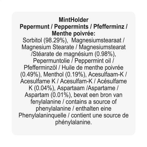 Boîte distributrice avec environ 8 g (50 pcs) de bonbons à la menthe sans sucre.