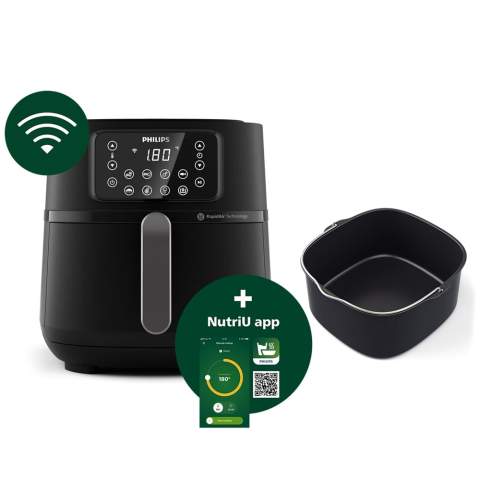 Mit dem Philips Airfryer XXL Connected und der mitgelieferten Backform können Sie eine Vielzahl von Gerichten zubereiten, darunter auch einen kleinen Kuchen oder eine Torte. Sie können den Airfryer ganz einfach per Sprachsteuerung oder über die HomeID-App auf Ihrem Smartphone bedienen. Über die App können Sie Rezepte an den Airfryer senden und die Backzeit aus der Ferne überwachen. Mit einem großzügigen Fassungsvermögen von 1,4 Kilogramm können Sie bis zu 5 Portionen Pommes frites auf einmal backen. Dank der benutzerfreundlichen Bedienelemente können Sie die ideale Backtemperatur und -zeit für Fleisch, Gemüse und Fisch auf Knopfdruck einstellen, ohne sich Gedanken über die richtigen Einstellungen machen zu müssen. Entdecken Sie die Vielseitigkeit des Philips Airfryer XXL Connected, der mit 16 verschiedenen Kochfunktionen unendlich viele Möglichkeiten für kreative kulinarische Experimente bietet - einschließlich Braten, Backen, Grillen, Rösten, Trocknen, Toasten, Auftauen und Fermentieren.