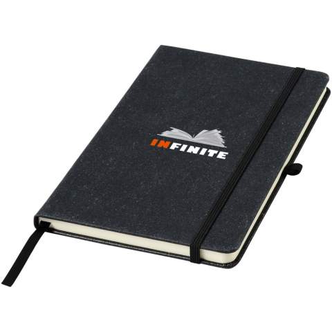 A5 size reference notebook with cover made of leather leftover pieces. Features an elastic band, pen loop, ribbon marker and 80 sheets, 80 g/m² lined paper.