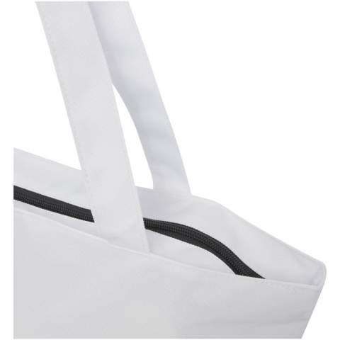 Made from water-repellent 600D RPET, the Panama GRS recycled zippered tote bag is a perfect multi-purpose bag for going to an event, to the beach, or to use for grocery shopping. It features a zippered main compartment, and a zipper pocket inside big enough to hold your phone as well as other valuable belongings. The handles are 34 cm long and therefore the tote bag is easy to carry over the shoulder. Resistance up to 10 kg weight. PVC free.