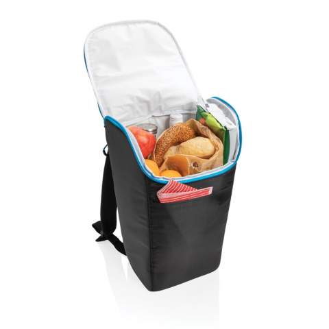 This cooler backpack can go wherever a cool drink or meal is needed — whether that is three kms/miles down a trail or just at the office. The backpack features a wide-mouth opening for easy access to your food and drinks. An external front pocket and zippered top pocket ensures you can put all your necessities away. Fits up to 6 bottles or 24 cans. Adjustable straps and exterior made in a tarpaulin and ribstop combination. Blue details add a finishing touch. Interior 100% PEVA.