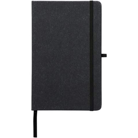A5 size reference notebook with cover made of leather leftover pieces. Features an elastic band, pen loop, ribbon marker and 80 sheets, 80 g/m² lined paper.