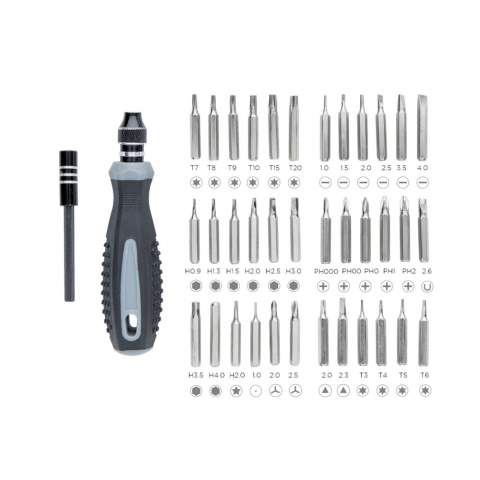 38 pcs tool set with PP bits holder. Bits made from carbon steel. ABS case with transparent top.