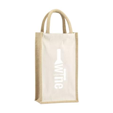 WoW! Robuste Weintasche mit Trageschlaufen. Diese Wein-Geschenkverpackung besteht aus Jute und Bio-Segeltuch und bietet Platz für 2 Flaschen Wein (nicht im Lieferumfang enthalten). OEKO-TEX® zertifiziert. Die Tasche ist mit 2 Fächern ausgestattet, sodass sich die Flaschen nicht berühren und unbeschädigt bleiben.