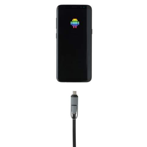Compact and retractable 3 in 1 charging cable with type C and double-sided connector for IOS and Android devices that require micro usb. Because of the retractable mechanism the 100 cm long flat cable can easily be taken anywhere without it getting tangled. ABS case with TPU material cable. Also suitable for syncing.