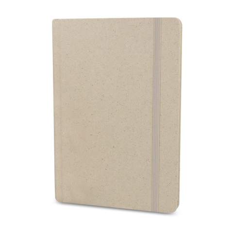 Dieses nachhaltige A5-Notizbuch hat einen Einband aus Grasfragmentpapier. Es enthält 80 Blatt FSC 70g/m² liniertes Papier, einen Gummibandverschluss und ein Lesezeichen mit Band.