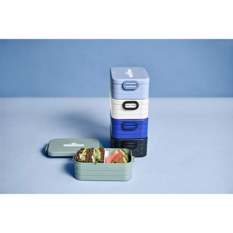 Luxury ABS lunch box made by Mepal. With removable divider and handy click closure. The lid closes perfectly and has a sealing ring to keep the contents fresh. A premium high-quality product. Volume 900 ml. Suitable for max. 4 sandwiches. Food Approved. Comes with a 2-year Mepal manufacturer's warranty. Made in Holland.       STOCK AVAILABILITY: Up to 1000 pcs accessible within 10 working days plus standard lead-time. Subject to availability.