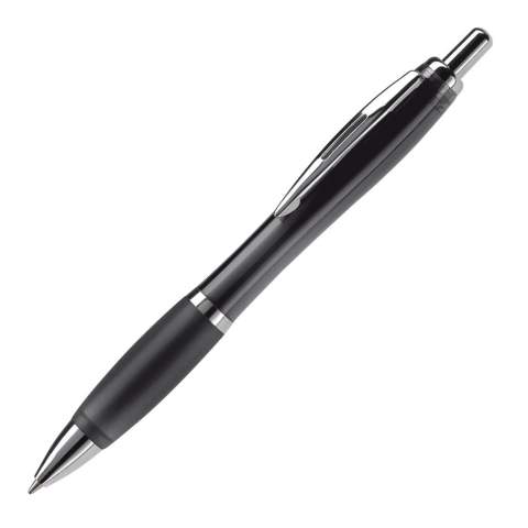 Stylo élégant transparent avec clip métal. Cartouche d' encre bleue mais à partir de 10.000 pces une autre couleur d'encre est possible. Grande capacité d'écriture. Produit en plusieurs coloris. Marquage en tampographie et en sérigraphie. Audit BSCI. Tous nos produits sont testés et certifiés, et répondent  aux normes sociales. 