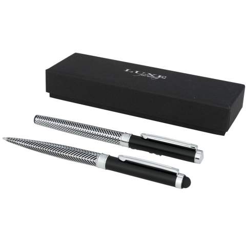 Exclusively designed gift set consisting of a stylus ballpoint pen and rollerball pen with stylish patterned lower barrel and a dedicated area on the cap for decoration purposes. Incl. premium quality black ink refill and packed in a ''LUXE'' gift box (17x5.5x3cm).