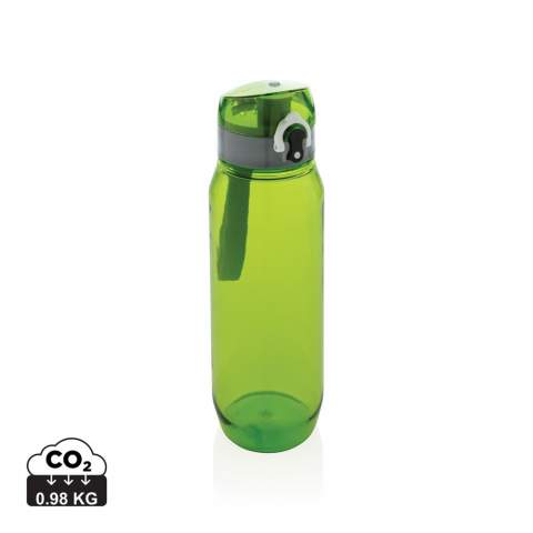 Leak proof tritan bottle with lockable cap and single hand 'press open' function. Including carrying strap. Odourless and 100% BPA-free. Content: 800ml.