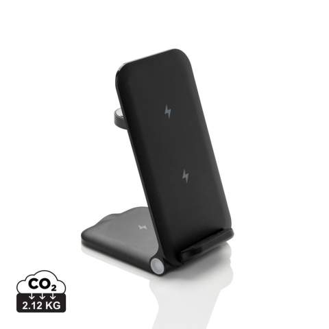 3-in-1 wireless charger  stand made with RCS recycled ABS. Total recycled content: 51% based on total item weight. RCS certification ensures a completely certified supply chain of the recycled materials. The wireless charger comes equipped with a 15W wireless charger and an additional 5W wireless charger suitable for earbuds cases or other small wireless chargeable devices and a 2.5W wireless charger for smartwatches ( Apple watches only). Foldable design so easy to take with you. Including RCS certified 120 cm recycled TPE cable. Packed in FSC® mix kraft packaging. Item and accessories 100% PVC free. Input: 9V/3A for optimal use. Output: Phone: 9V/1.1A; 9V/1.67 A/(15W), Earbuds: 5V/1A (5W), Watch: 5V/0.5A.<br /><br />WirelessCharging: true<br />PVC free: true