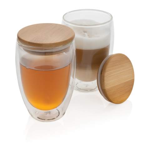 This double wall borosilicate glass has a sleek 2 layer design which showcases all your favourite drinks! No matter what you serve, cappuccino, tea or latte, it will be nice and  hot while your hand stays cool. Incudes a bamboo lid. It is recommended to handwash the glass and bamboo lid. Capacity 350ml. BPA free.