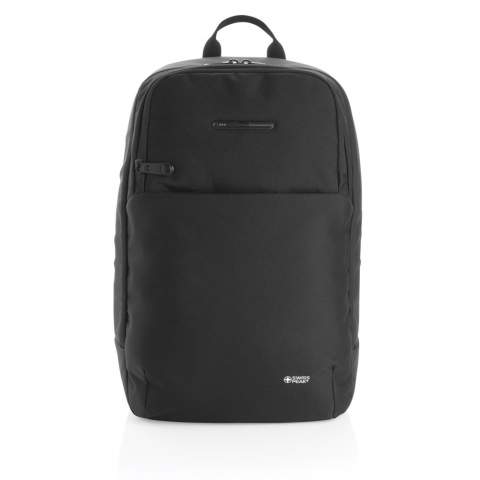 This unique Swiss Peak laptop backpack with UV-C sterilising pocket features a minimalistic design and has an integrated UV-C sterilising external front pocket, killing up to 99,9% of the bacteria on items placed inside the pouch. Perfect for sanitising your keys and phone for example while on the go in 3 minutes. The three UV-C LED lights inside are non-toxic and mercury free. The design will also ensure that the UV-C LED light will switch off automatically when the sterilising pocket is opened via the zipper  so the user will not be exposed to the UV-C light. The backpack has a laptop compartment in the main pocket which fits a 15.6 inch laptop, 2 open pockets and 2 pen loops. Mesh padded back and straps for comfort. Including a micro USB cable which you can use to connect your powerbank with to charge the UV-C pouch. Exterior 600D and 900D PU coated polyester. Interiour 210D polyester. Compliant with EN62471. PVC free.<br /><br />FitsLaptopTabletSizeInches: 15.6