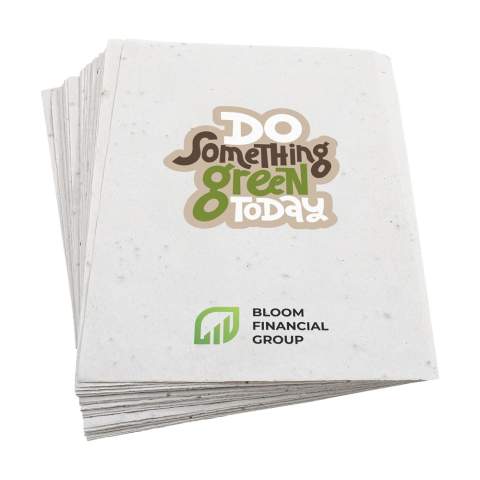 WoW! Dépliant au format A5 en papier biodégradable avec des graines de fleurs (papier ensemencé 200 g/m²).  Comprend une impression en full colour sur une face, entièrement personnalisable avec votre marque ou message. Une impression (en full colour) sur la deuxième face est possible moyennant un coût supplémentaire.    Le mélange de fleurs se compose de :  Godetia, Mesembrantium,  Petunia, Gypsophila,  Antirrhinum, Allysum Bentany.    Ce dépliant allie communication et effet de surprise. Idéal pour les salons, événements et campagnes de publipostage afin d’attirer l’attention sur votre message de manière originale. Le dépliant ne doit pas être jeté avec le papier recyclé, mais peut être planté en terre, où les graines pousseront et donneront des fleurs.    En raison de l'utilisation de graines et de matériaux recyclés, de petites irrégularités dans le matériau peuvent être visibles. Fabriqué en Europe.