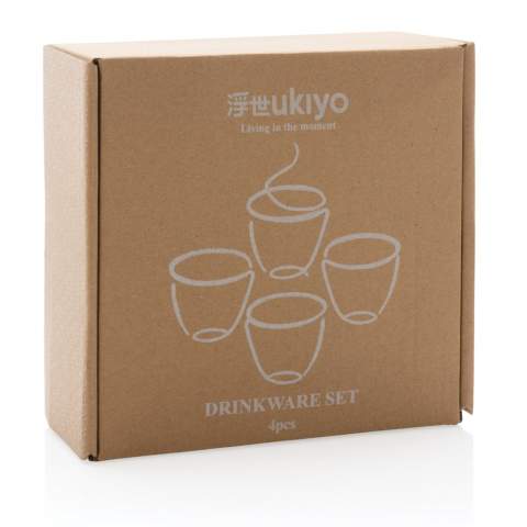 Add simple elegance to any meal with this Ukiyo 4 pc ceramic drinkware set. Perfect for casual dining. Clean white design with black-detailed rim. Presented in a kraft gift box. Capacity 120ml.