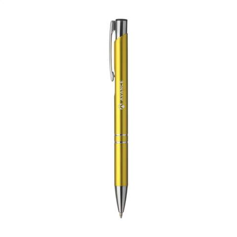 Blue or black ink, aluminium ballpoint pen with satin matte finish and metal clip/push button.
