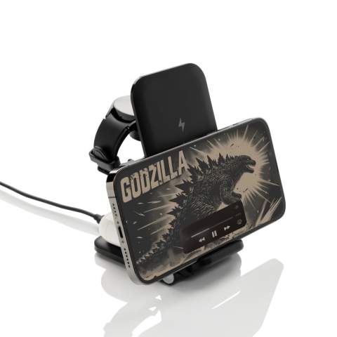 3-in-1 wireless charger  stand made with RCS recycled ABS. Total recycled content: 51% based on total item weight. RCS certification ensures a completely certified supply chain of the recycled materials. The wireless charger comes equipped with a 15W wireless charger and an additional 5W wireless charger suitable for earbuds cases or other small wireless chargeable devices and a 2.5W wireless charger for smartwatches ( Apple watches only). Foldable design so easy to take with you. Including RCS certified 120 cm recycled TPE cable. Packed in FSC® mix kraft packaging. Item and accessories 100% PVC free. Input: 9V/3A for optimal use. Output: Phone: 9V/1.1A; 9V/1.67 A/(15W), Earbuds: 5V/1A (5W), Watch: 5V/0.5A.<br /><br />WirelessCharging: true<br />PVC free: true
