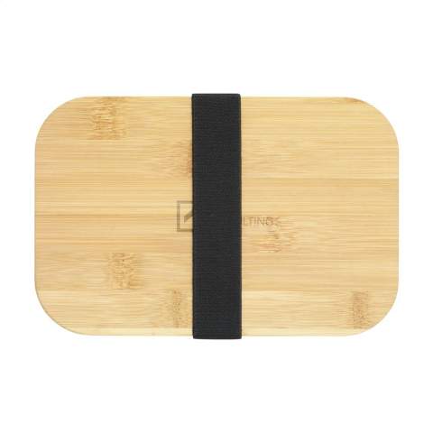 Boîte à lunch grand format en plastique PP. Le couvercle est en bambou naturel. Inclusive une sangle de fermeture élastique. Ne passe pas au lave-vaisselle.