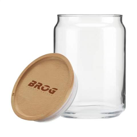 Storage jar made from clear glass. Supplied with a wooden lid fitted with a silicone washer to help keep contents fresh. Capacity 1,000 ml. Made in France.