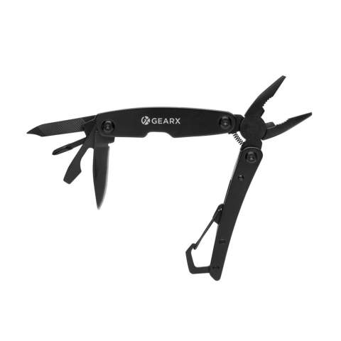 Outil multifonctionnel de poche en acier inoxydable 420. Avec de multiples fonctions qui incluent : Pince longues, pince standard, pince coupante, couteau, décapsuleur, tournevis plat, tournevis Philips, lime, nettoyeur de lime et mousqueton. Emballé dans un emballage FSC® mix.