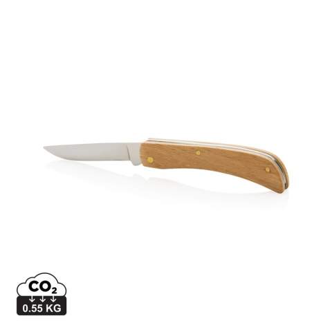 Opvouwbaar mes gemaakt van FSC®100% beukenhout en hoogwaardig RVS (420) lemmet. Rockwell-hardheid 42-52. Mes is voedselveilig dus ook geschikt voor voedsel. Verpakt in FSC®mix kraft doos.<br /><br />PVC free: true
