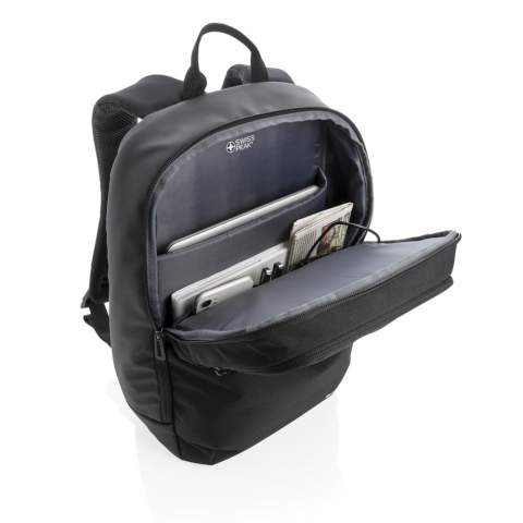 This unique Swiss Peak laptop backpack with UV-C sterilising pocket features a minimalistic design and has an integrated UV-C sterilising external front pocket, killing up to 99,9% of the bacteria on items placed inside the pouch. Perfect for sanitising your keys and phone for example while on the go in 3 minutes. The three UV-C LED lights inside are non-toxic and mercury free. The design will also ensure that the UV-C LED light will switch off automatically when the sterilising pocket is opened via the zipper  so the user will not be exposed to the UV-C light. The backpack has a laptop compartment in the main pocket which fits a 15.6 inch laptop, 2 open pockets and 2 pen loops. Mesh padded back and straps for comfort. Including a micro USB cable which you can use to connect your powerbank with to charge the UV-C pouch. Exterior 600D and 900D PU coated polyester. Interiour 210D polyester. Compliant with EN62471. PVC free.<br /><br />FitsLaptopTabletSizeInches: 15.6