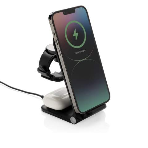 3-in-1 wireless charger  stand made with RCS recycled ABS. Total recycled content: 51% based on total item weight. RCS certification ensures a completely certified supply chain of the recycled materials. The wireless charger comes equipped with a 15W wireless charger and an additional 5W wireless charger suitable for earbuds cases or other small wireless chargeable devices and a 2.5W wireless charger for smartwatches ( Apple watches only). Foldable design so easy to take with you. Including RCS certified 120 cm recycled TPE cable. Packed in FSC® mix kraft packaging. Item and accessories 100% PVC free. Input: 9V/3A for optimal use. Output: Phone: 9V/1.1A; 9V/1.67 A/(15W), Earbuds: 5V/1A (5W), Watch: 5V/0.5A.<br /><br />WirelessCharging: true<br />PVC free: true