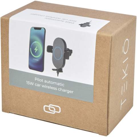 Universele autotelefoonhouder en oplader van 15W. Met zijn FOD (Foreign Object Detection)-sensor is deze lader eenvoudig met één hand te bedienen. Plaats het apparaat eenvoudig op de oplader en hij trekt automatisch aan. Ideaal voor satellietnavigatie en om de telefoon onderweg op te laden. De telefoon kan in een verticale of horizontale positie worden geplaatst dankzij de 360º draaibare clip. Compatibel met alle Qi-apparaten (iPhone 8 of hoger en Android-apparaten die draadloos opladen ondersteunen) en ondersteunt ook snel opladen. Ingang 12 V/1,67 A. Draadloze uitgang: 15 W (max). Wordt geleverd met een TPE type-C-kabel van 100 cm en een handleiding. Geleverd in een geschenkverpakking van kraftpapier met een kleurrijke sticker.