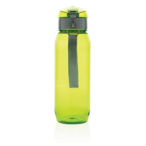 Leak proof tritan bottle with lockable cap and single hand 'press open' function. Including carrying strap. Odourless and 100% BPA-free. Content: 800ml.