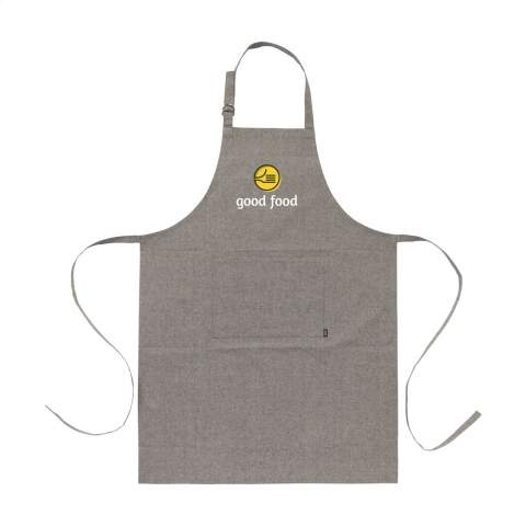 WoW! Apron made from 100% recycled, blended cotton (160 g/m²). With a patch pocket. The neckband can be adjusted with a metal clasp. One size fits all. GRS-certified. If you choose this product, you choose sustainable cotton. This cotton is recycled. As a result, the colour may vary per product.
