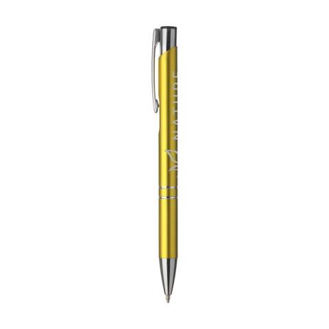 Blue or black ink, aluminium ballpoint pen with satin matte finish and metal clip/push button.