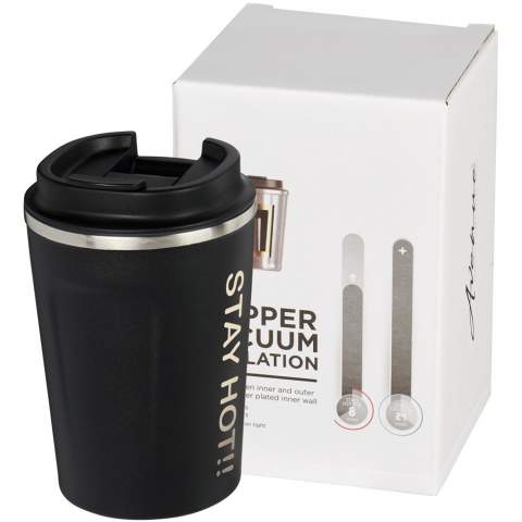 Double-wall stainless steel vacuum construction with copper insulation, which allows beverages to stay cold for 24 hours or hot for at least 8 hours. The construction also prevents condensation on the outside of the tumbler. Screw-on leak-proof lid. On-trend, durable powder coating. Volume capacity is 360ml. Presented in an Avenue gift box.