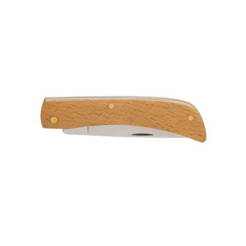Opvouwbaar mes gemaakt van FSC®100% beukenhout en hoogwaardig RVS (420) lemmet. Rockwell-hardheid 42-52. Mes is voedselveilig dus ook geschikt voor voedsel. Verpakt in FSC®mix kraft doos.<br /><br />PVC free: true