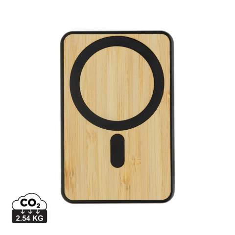 5.000 mAh pocket size powerbank with 5W magnetic wireless charger with a case made out of RCS certified recycled ABS plastic and FSC certified bamboo.. RCS (Recycled Claim Standard) is a standard to verify the recycled content of a product throughout the whole supply chain. Total recycled content: 22 % based on total item weight.The powerbank contains a long lasting grade A 5.000 mAh lithium polymer battery. With integrated phone stand. The power indicators will indicate the remaining energy level so you always know when to re-charge.; Type-C Input 5V/2.4A; Type C output:5V/2A.4A Item and accessories PVC free. Including RCS certified recycled TPE charging cable. Packed in FSC® mix packaging.<br /><br />WirelessCharging: true<br />PowerbankCapacity: 5000<br />PVC free: true