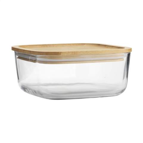 Storage box made from soda lime glass. The bamboo lid with silicone sealing ring closes with a tight fit. BPA-free. Ideal for storing food in a hygienic and safe way. Also handy for taking lunch with you when you are on the go. Capacity 1,000 ml. Made in Italy.