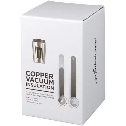 Double-wall stainless steel vacuum construction with copper insulation, which allows beverages to stay cold for 24 hours or hot for at least 8 hours. The construction also prevents condensation on the outside of the tumbler. Screw-on leak-proof lid. On-trend, durable powder coating. Volume capacity is 360ml. Presented in an Avenue gift box.