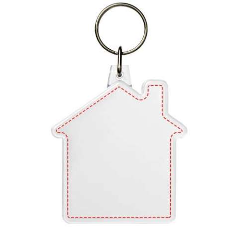 Doorzichtige huisvormige sleutelhanger met metalen sleutelring. De metalen lusring biedt een vlak profiel dat ideaal is voor de post. Afmetingen van het te bedrukken inzetstuk: 5,9 cm x 5,6 cm.