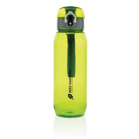 Auslaufsichere Tritanflasche mit verschließbarem Deckel und Einhand-Öffnung. Mit Trageriemen. 100% BPA-frei. Inhalt: 800ml. Nur Handwäsche.
