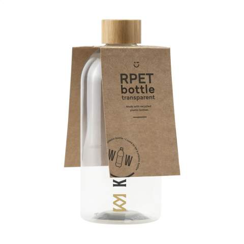WoW! Drinking bottle made from 100% RPET. With bamboo screw cap. Leak proof. Not dishwasher-safe. Capacity 500 ml. Made in Europe. Optional: Each item supplied in a kraft cardboard box and/or with a kraft tag.