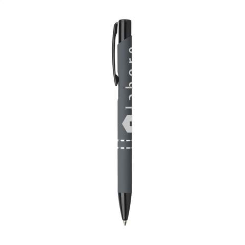 Blue ink ballpoint pen with black painted push button/clip and tip, chrome interlaces. The barrel is finished with a rubberised finish.