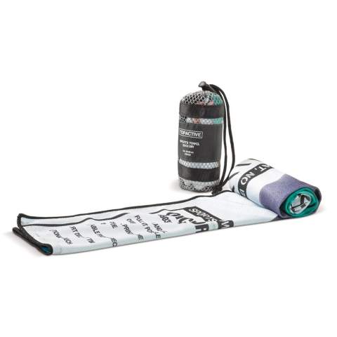 Cette serviette de fitness quickdry (150g / m2, 30x80cm) vous gardera au sec. Prix incluant une impression full couleurs sur un côté. Impression verso possible. Couleur de la couture peut aussi être à vos couleurs. Livrée dans une pochette.