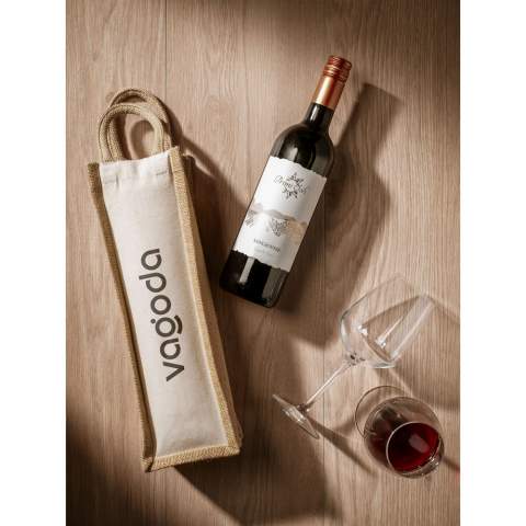 WoW! Robuste Weintasche mit Trageschlaufen aus Jute und Bio-Segeltuch. Diese umweltfreundliche Wein-Geschenkverpackung bietet Platz für eine Flasche Wein.