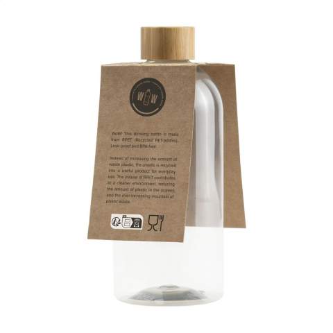 WoW! Drinking bottle made from 100% RPET. With bamboo screw cap. Leak proof. Not dishwasher-safe. Capacity 500 ml. Made in Europe. Optional: Each item supplied in a kraft cardboard box and/or with a kraft tag.