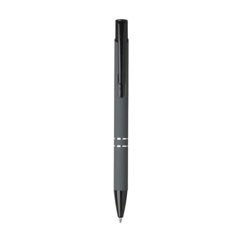 Blue ink ballpoint pen with black painted push button/clip and tip, chrome interlaces. The barrel is finished with a rubberised finish.