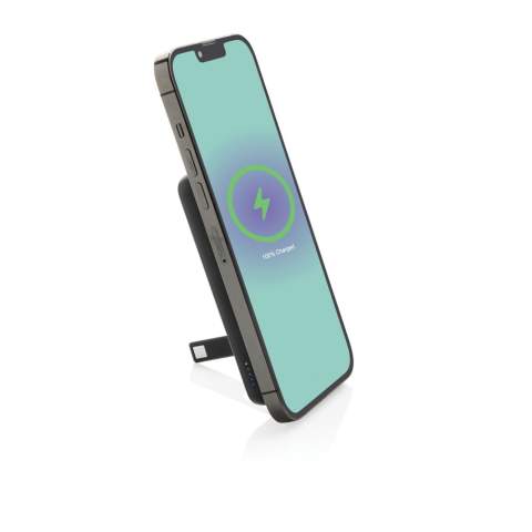 5.000 mAh pocket size powerbank with 5W magnetic wireless charger with a case made out of RCS certified recycled ABS plastic and FSC certified bamboo.. RCS (Recycled Claim Standard) is a standard to verify the recycled content of a product throughout the whole supply chain. Total recycled content: 22 % based on total item weight.The powerbank contains a long lasting grade A 5.000 mAh lithium polymer battery. With integrated phone stand. The power indicators will indicate the remaining energy level so you always know when to re-charge.; Type-C Input 5V/2.4A; Type C output:5V/2A.4A Item and accessories PVC free. Including RCS certified recycled TPE charging cable. Packed in FSC® mix packaging.<br /><br />WirelessCharging: true<br />PowerbankCapacity: 5000<br />PVC free: true