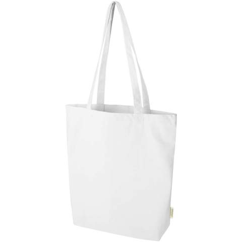 Made from 100% certified organic cotton of 270 g/m², the Orissa tote bag with a wide bottom and long handles ensures a more responsible and durable choice for your everyday needs. With its wide bottom design, it provides additional space for your essentials for any occasion, from shopping trips to casual outings. Volume capacity: 10 litres.