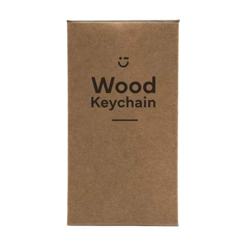Ronde, beukenhouten sleutelhanger aan stevige sleutelring. Per stuk in kraft envelop.